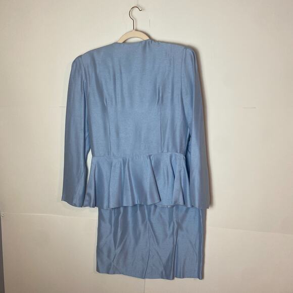 Vintage Kathie J Skirt Suit Set Sz 8 Blue Bow Rhinestone Peplum Shoulder Pads - Picture 6 of 12